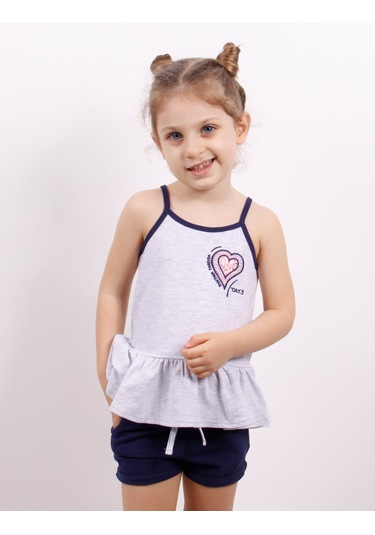 Toontoy Kız Çocuk Kalp Nakışlı Şortlu Takım Gri Melanj