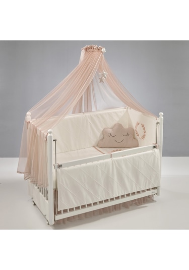 Meltem Kids Mondo Sallanır Ahşap Anne Yanı Beşik 60x120 cm (beyaz-motto pudra) Pudra