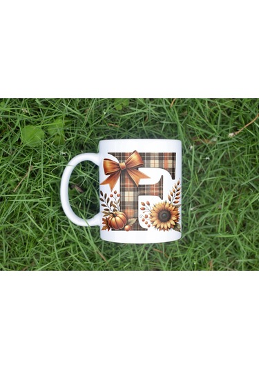 F Harfi Ekose Ve Sonbahar Temalı Kupa Bardak - Kişiye Özel Sıcak Tonlar Alfabe Kupa - Hediye Beyaz