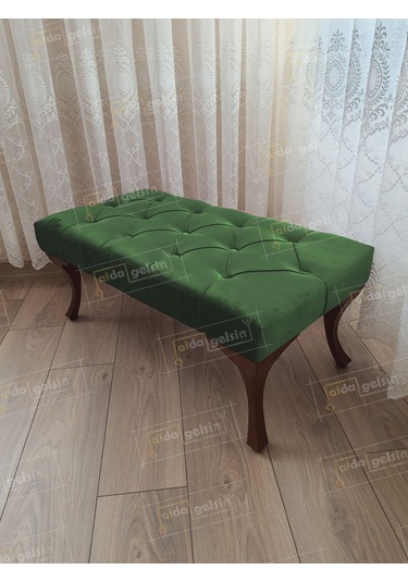 Kapitoneli Ayak Ucu Kapı Önü Antre Bench Puf Ceviz Ayak 110 45 Yeşil