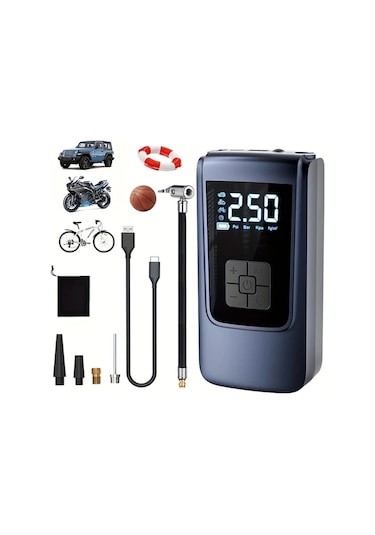 Primepickings Şarj Edilebilir Kablosuz Dijital Ekranlı Taşınabilir Araba Şişirme Pompası Led Işıklı 18650 Lityum Pil Araç Motosiklet Bisiklet Lastikleri İçin Hava Kompresörü