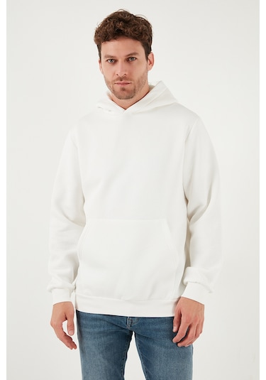 Buratti Regular Fit Kapüşonlu Kanguru Cepli Içi Tüylü Yumuşak Şardonlu Erkek Sweat 5905281 Ekru