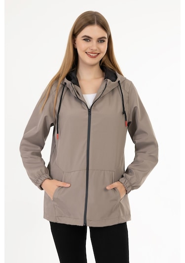 Kadın Vizon Içi Astarlı Su Geçirmez Ve Rüzgara Dayanıklı Kapüşonlu Cepli Yağmurluk - Rüzgarlık Vizon