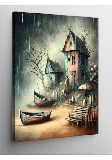 Kanvas Tablo Kıyıdaki Tekneler Ve Sahil Evleri 50cmx70cm