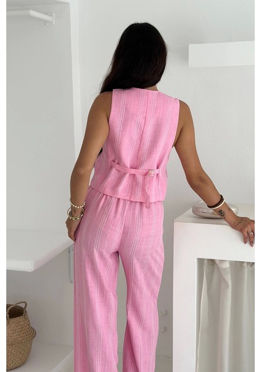 Çizgili Kumaş Yelek Takım Pembe Pembe