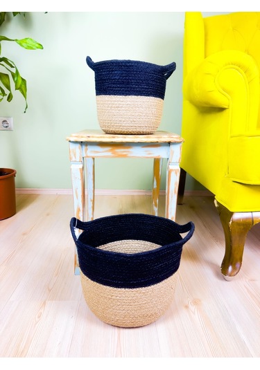 Bitki Tasarımı Düzenleyici Kulplu Üstü Siyah Şeritli Doğal Örgü Sepet İkili Set Orta-küçük