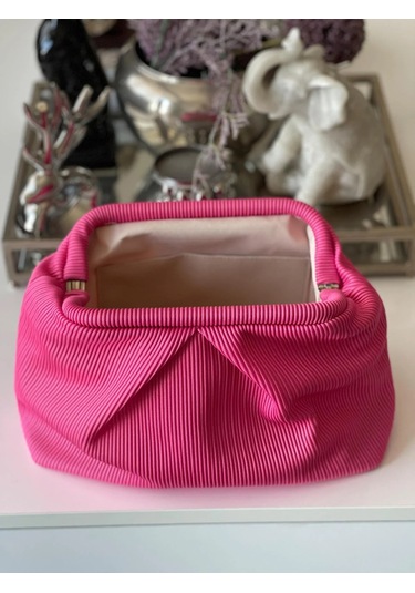 Fuşya, Piliseli Çizgi Detaylı El Çantası Fuşya