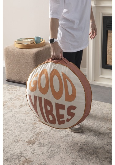 Good Vibes Yazılı Taşınabilir Dekoratif Yuvarlak Yer Minderi Puf
