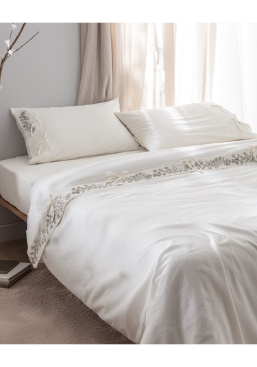 Madame Coco Relief King Size %100 Pamuk Bağlamalı Nevresim Takımı - Ekru/haki Çok Renkli