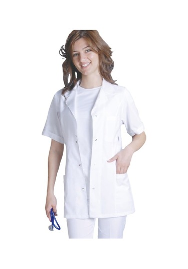 Klasik Yaka Alpaka Kumaş Cepli Kısa Kollu Kadın İş Önlüğü Beyaz