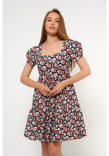 Kadın Kare Yaka Büzgü Detaylı Mini Elbise 4447/95 001