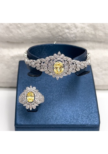 Pırlanta Montür Sitrin Taşlı 4'lü Gümüş Set Takım Gümüş