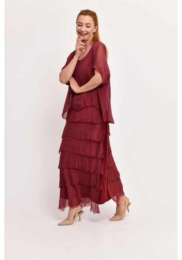 İtalyan 2 Beden İnce Gösteren Yarım Kol Kat Kat Ipek Elbise Bordo