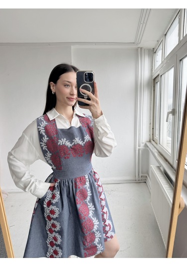 Retrobird Mandy Nakış Detaylı Kısa Jile Elbise Kadın İndigo-13901 Indigo