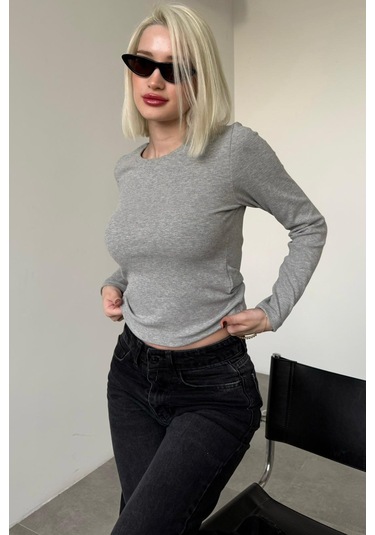 Madmext Gri Bisiklet Yaka Slim Fit Kadın Body Mg2564 Gri