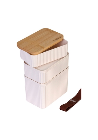 Zebra 3'lü Bambu Kapaklı Lunch Box - 1 Lt 0,5 Lt 0,5 Lt - Saklama Kabı Bej