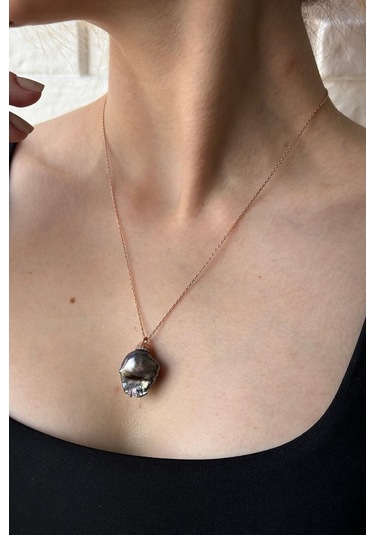 Siyah Barok İnci Kolye Küpe İkili Set 45 Cm / Sarı Gümüş