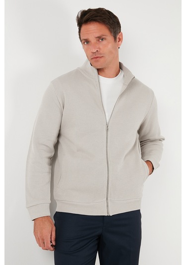 Buratti Pamuklu Relaxed Fit Dik Yaka Fermuarlı Erkek Hırka 5901075 Taş