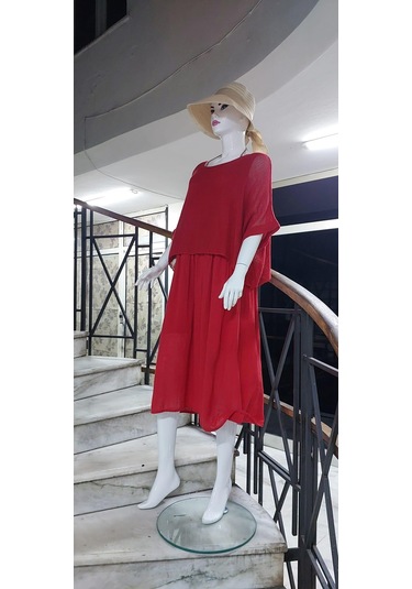 İtalyan Müslin Keteni Üstü File Bluzlu Astarlı Tek Parça Elbise Kırmızı