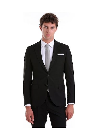 Hatemoğlu Siyah Slim Fit Mono Yaka Desenli Klasik Takım Elbise Siyah