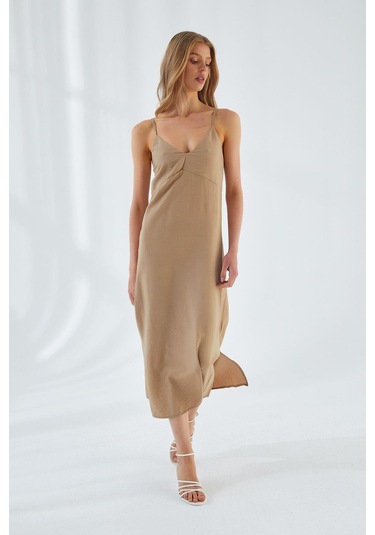 4252 Kadın İp Askılı V Yaka Elbise Vizon Vizon