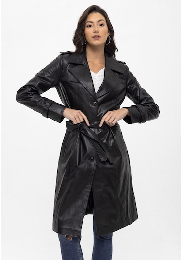 Siyah Cassie Yırtmaçlı Astarlı Kemerli Trençkot Kadın Hakiki Deri Kaban-siyah Siyah