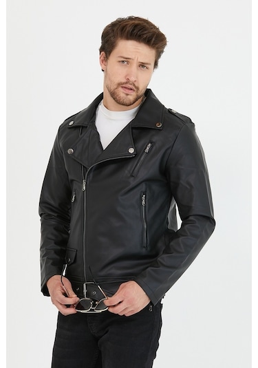 Erkek Siyah Yeni Sezon Çapraz Fermuarlı Kemerli Deri Ceket Mont-Siyah