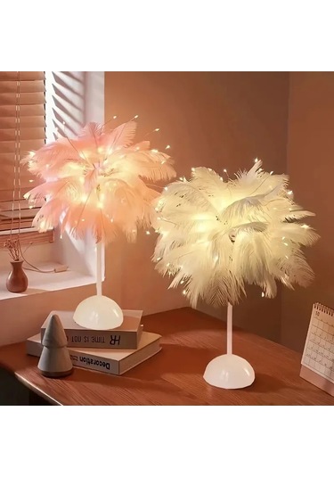 1 Adet Pil Gücü Led Gece Lambası Yatak Odası Düğün Dekorasyon İçin Tüy Masa White Beyaz