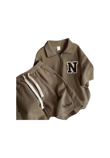 2 Adet/takım Moda Fermuar Yaka Nem Emici Diz Boyu Kadın Düz Renkli Tişört Geniş Bacak Şort Takımı Streetwear Rahat Kıyafet Kahverengi