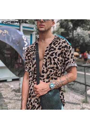 Incerun Casual Leopar Baskılı Erkek Gömlek Yaka Yaz Kısa Kollu Hawaii Gömlek Moda Baskı Üstleri Haki