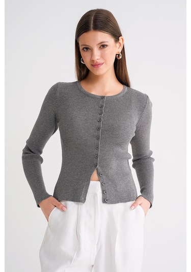 6931 Kadın Düğmeli Fitilli Triko Hırka Gri Gri