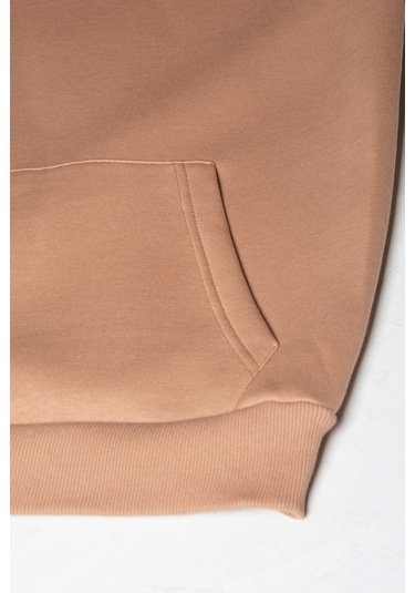 Unisex Kahve Göğsü Logo Baskılı Kalın Üç Iplik Şardonlu Kapüşonlu Hoodie Sweatshirt Kahve