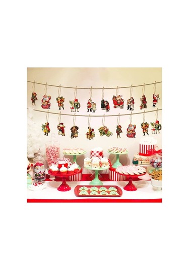 Novahub Ahşap Noel Baba Süsleri Seti - 45 Parça + 10m Keten İp, El Yapımı Dekoratif Figürler