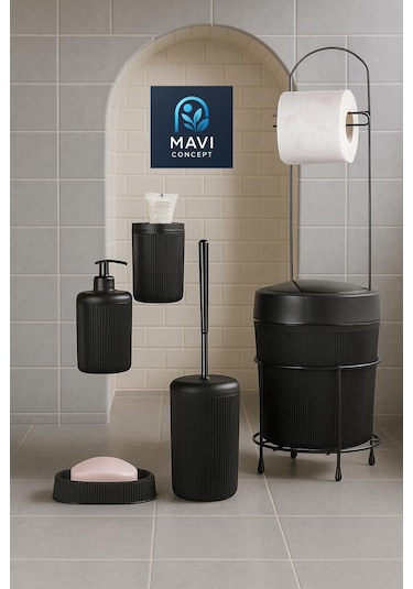 6 Parça Banyo Seti Çöp Kovalı Tuvalet Kağıtlığı-tuvalet Fırçası-sıvı Ve Katı Sabunluk-diş Fırçalık Siyah