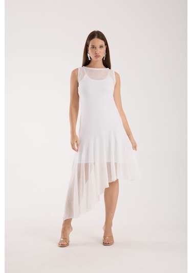 Eteği Volanlı Uzun Elbise Kırık Beyaz