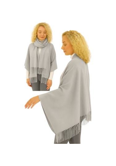 1 Adet Kadın Büyük Bedene Uygun Ekstra Yumuşak Dokulu Püskül Detaylı Kışlık Atkı Omuz Şalı Gri