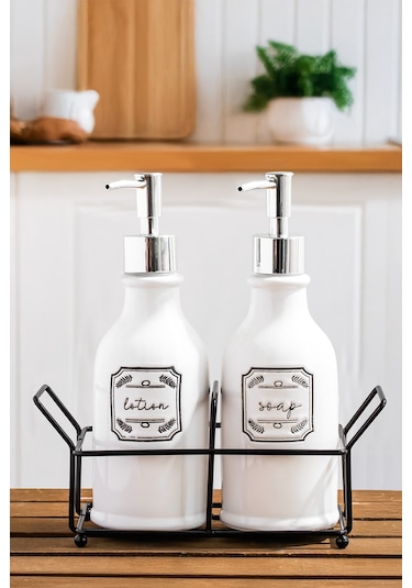Porsima 3115 Gümüş Kapaklı Porselen 2li Sıvı Sabunluk Beyaz 700 Ml Beyaz