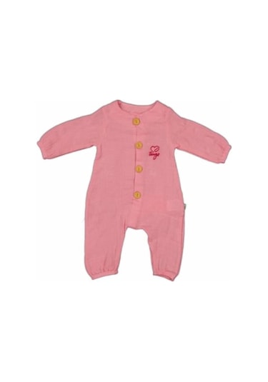 Dear_Enika Kız Bebek Pembe Organik Düğmeli Keten Tulum Uzun Kollu Tulum