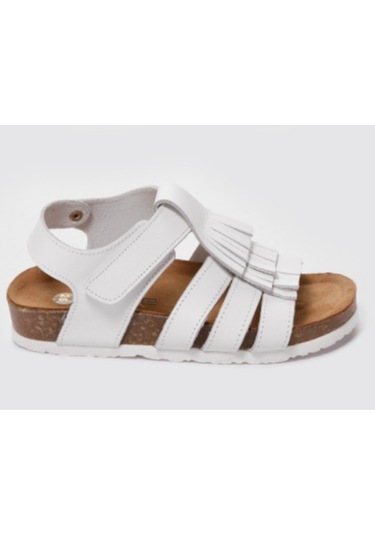Toddler 01217 Doğal Deri, Kız Çocuk Mantar Taban Beyaz Sandalet Beyaz