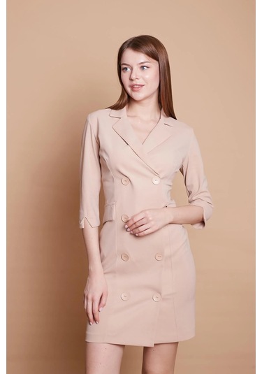Yakalı Sırt Dekolteli Anvelop Likralı Kumaş Düğmeli Ceket Elbise -bej Bej