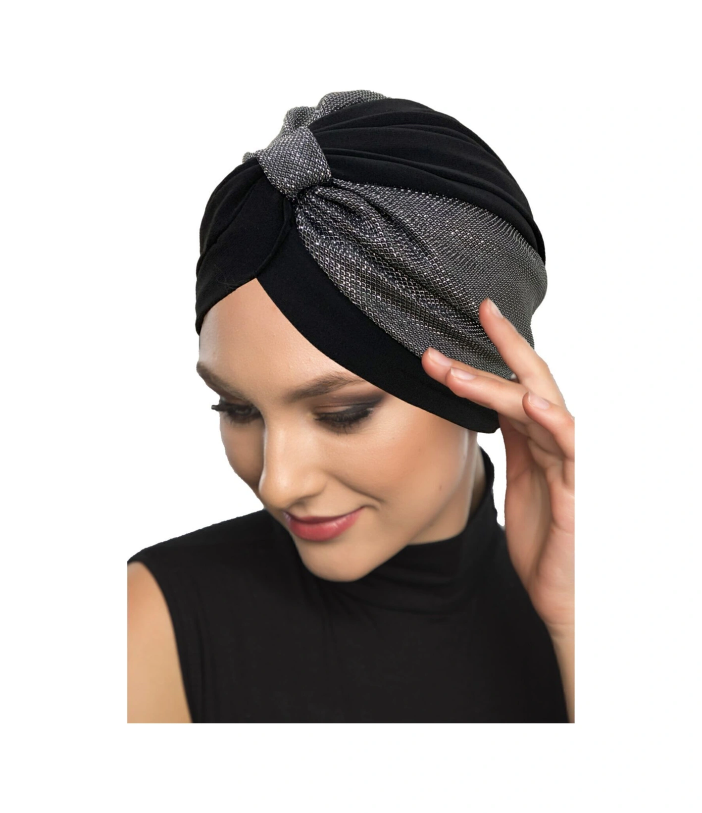 Özel Tasarım Siyah Üzeri Gümüş Pike Desenli Astarlı Hazır Türban Tesettür Abiye Bone Siyah10