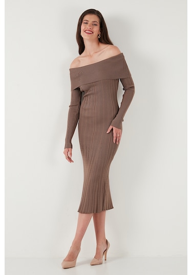 Lela Premium Fitilli Carmen Yaka Slim Fit Midi Boy Triko Bayan Elbise 680El00033 Vizon