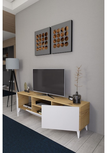 Bravix Modern Tv Ünitesi 3 Bölmeli Tv Sehpası Gövde Çam Kapaklı Beyaz - Antrasit