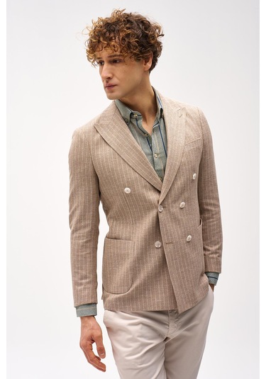 Erkek Bej Slım Fıt / Dar Kalıp Geniş Kırlangıç Ceket-16417 Bej