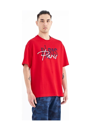 Tommy Life Kırmızı Yazı Nakışlı O Yaka Oversize Erkek T-shirt - 88223 001