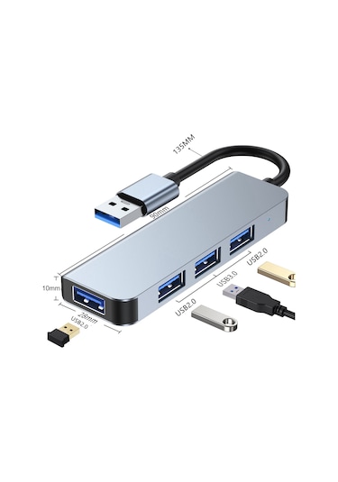 Reedark Usb 3.0 Hub 2013u - 1 Usb3.0 5gbps + 3 Usb2.0 480mbps Çoklayıcı, Uzay Gri, Abs+alüminyum, 13.5cm Kablolu