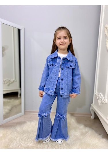 Modavals Fiyonk Detaylı İspanyol Paça Kot Pantolon & Kot Ceket & Badi Kız Çocuk Kombin Çok Renkli