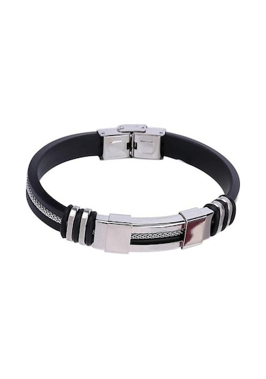 Novahub Erkek Siyah Punk Kauçuk Paslanmaz Çelik Bileklik Toka Manşet Bileklik Bileklik Siyah - Gümüş