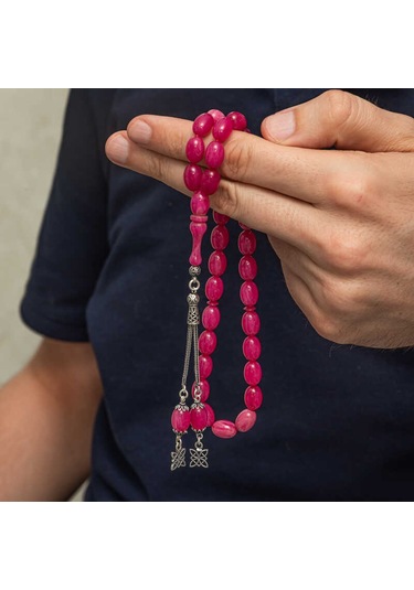 Gümüş Püsküllü Pembe Sıkma Kehribar Tesbih Sl12596 Gümüş