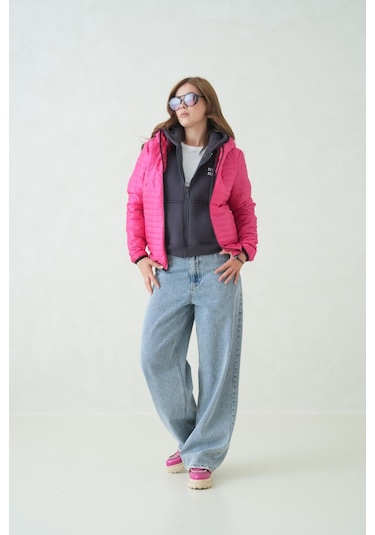 İçi Astarlı Su Ve Rüzgar Geçirmez Cepli Kapüşonlu Kadın Mont Fuşya